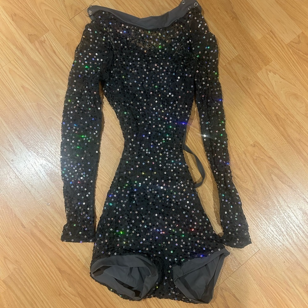 weismann gray long sleeve shortall bodysuit w/ iridescent sequins and open back